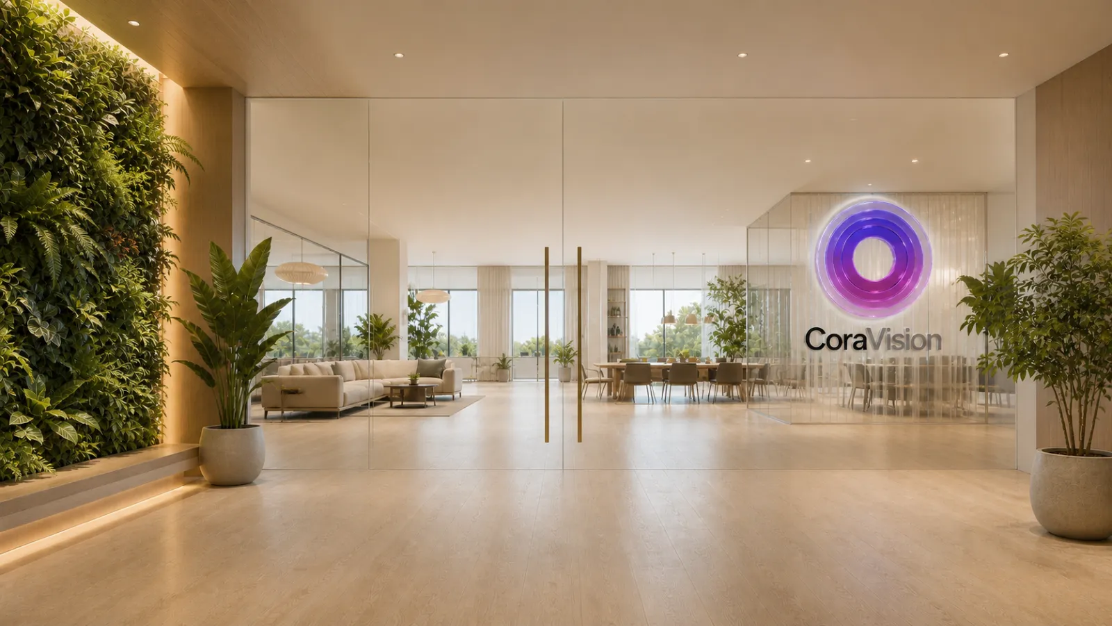 A bright CoraVision office behind glass, the orb on the door
