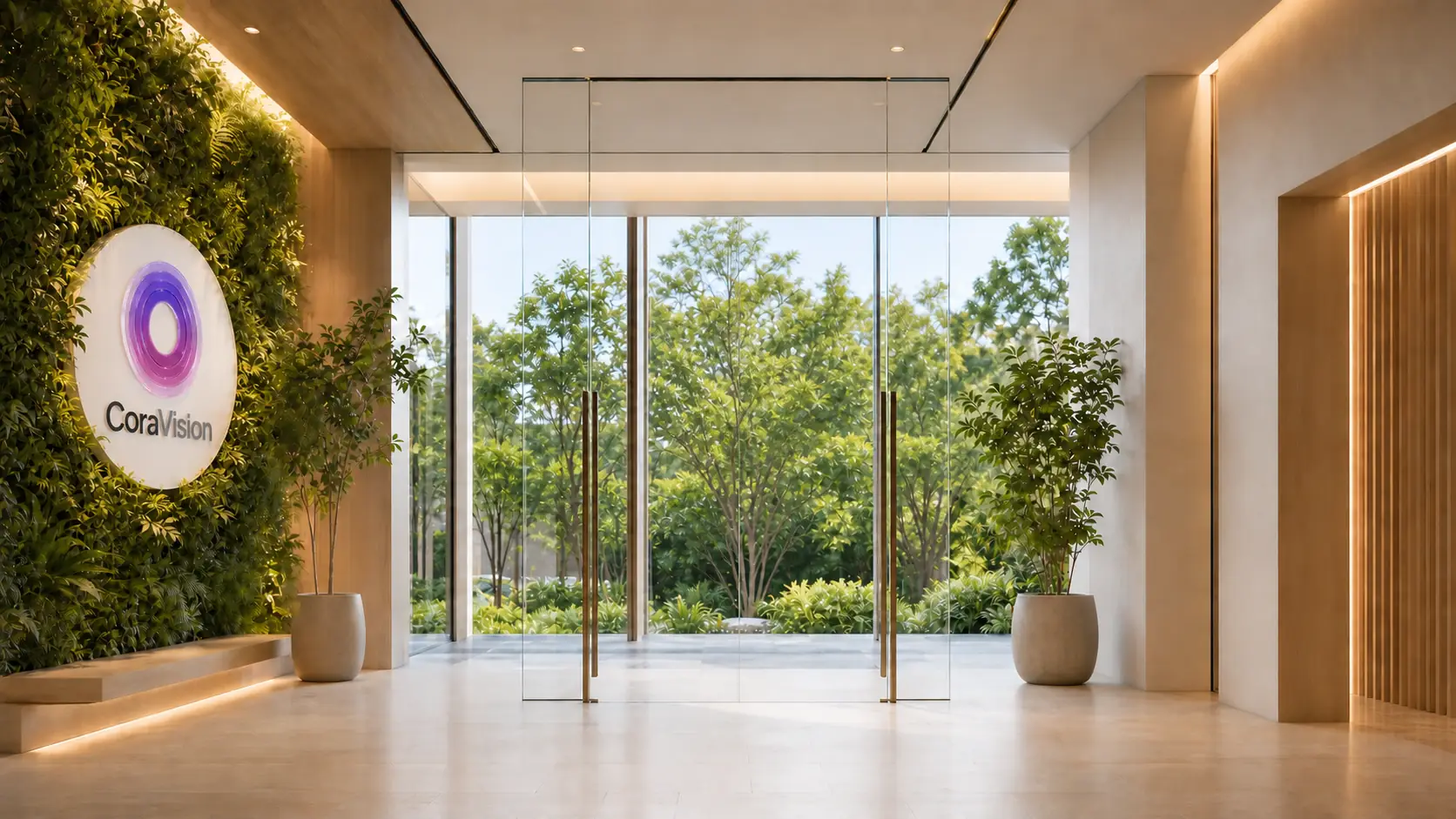 The CoraVision reception, its sign on a living green wall beside open glass doors