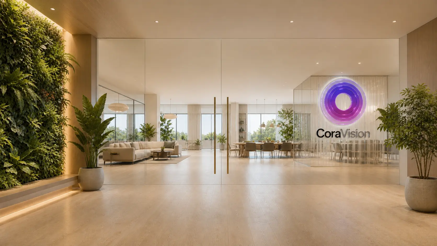 The CoraVision office, its orb sign on the glass beside a living green wall