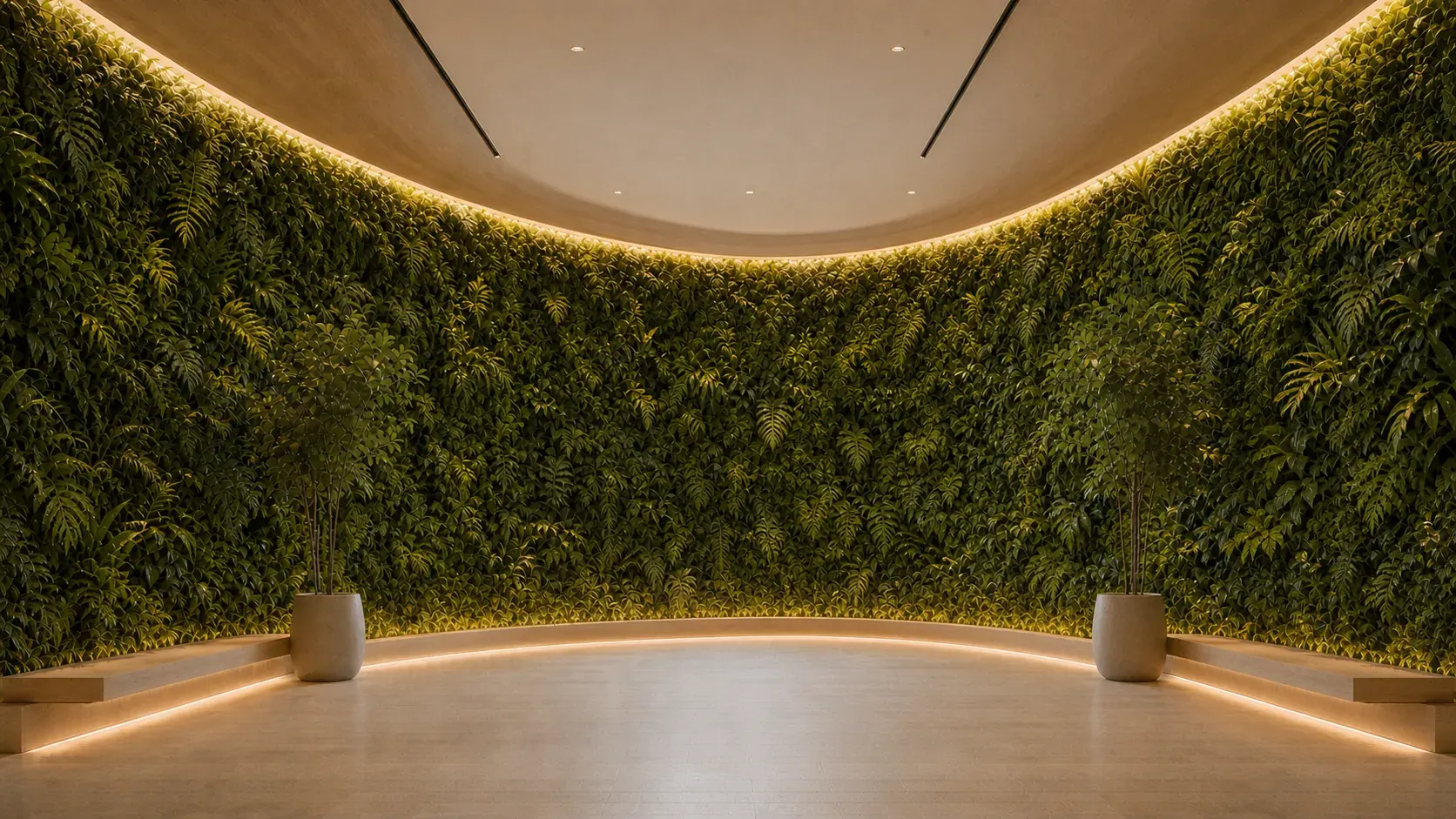 A calm, light-filled room with a living green wall