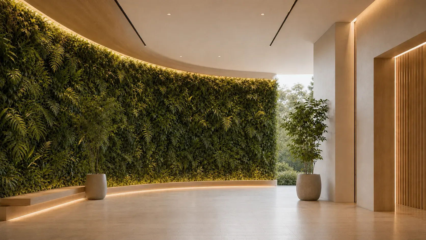 A calm, curved room lined with a living green wall