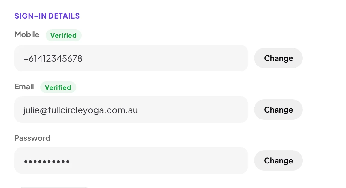 My details scrolled to Sign-in details: Mobile with its Verified tag, Email and Password, each with a Change button; an arrow points to the outlined Change button beside Mobile.
