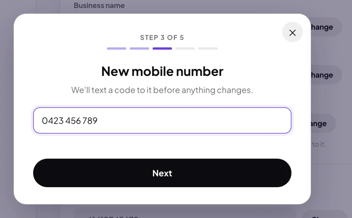 The Change mobile window, step 3 of 5, New mobile number, with 0423 456 789 typed in the box and the Next button; the box and Next are outlined.