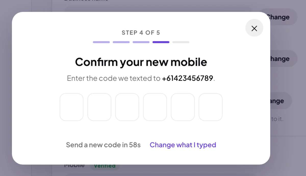 The Change mobile window, step 4 of 5, Confirm your new mobile, with the new number +61423456789 in bold above six empty code boxes; the number and the boxes are outlined.