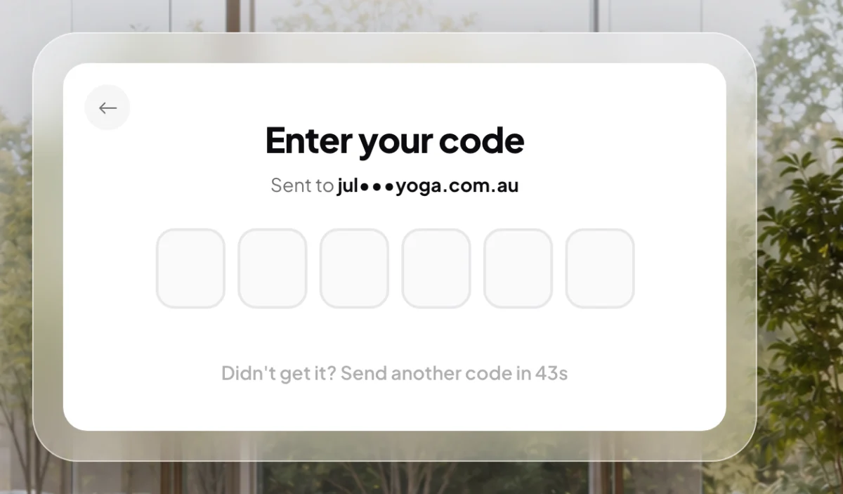 The Enter your code screen, sent to a masked email address, with six empty boxes and the countdown Send another code in 43s under them; the Sent to line is outlined.