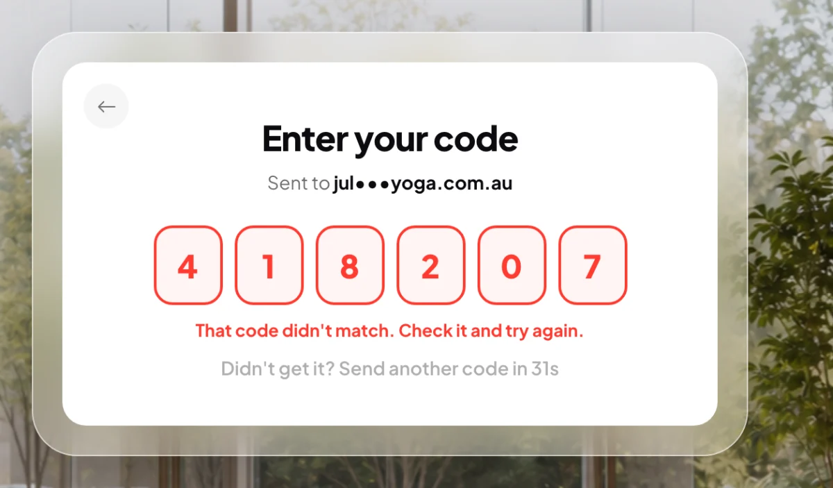 The Enter your code screen right after a wrong code, all six boxes red and the message That code didn't match under them; the boxes and the message are outlined.