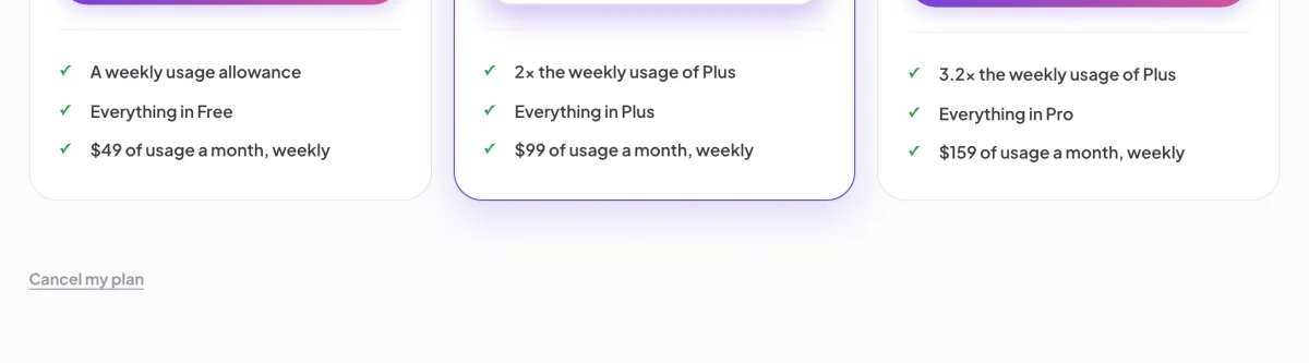 The foot of the plans page on a paid plan, under the plan cards, with the quiet Cancel my plan link; an arrow points to the outlined link.
