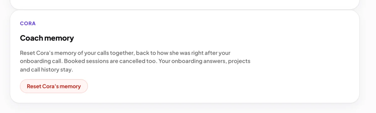 My details scrolled to the Cora card, Coach memory, with its line about what a reset keeps and the red Reset Cora's memory button; the card's text and button are outlined.