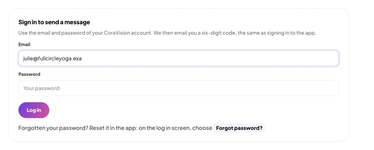 The Help Centre's contact page before signing in: the Sign in to send a message card with julie@fullcircleyoga.exa being typed into Email above an empty Password box; the Email box is outlined.