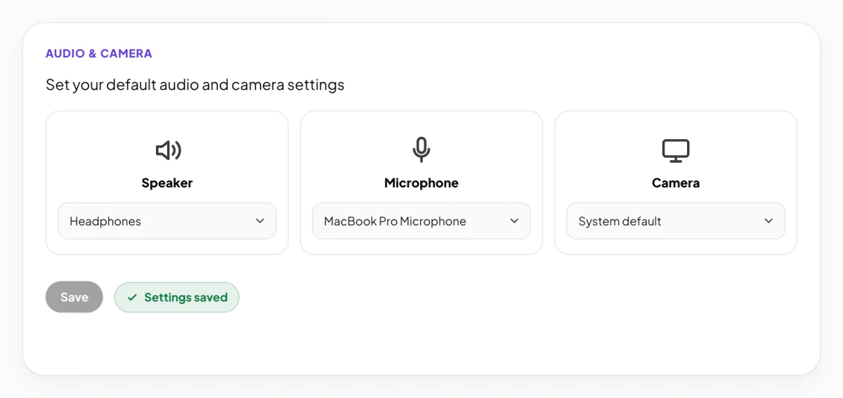 Settings, Audio & Camera for Full Circle Yoga, the Speaker, Microphone and Camera columns with their lists, and Settings saved beside the Save button; the three columns are outlined.