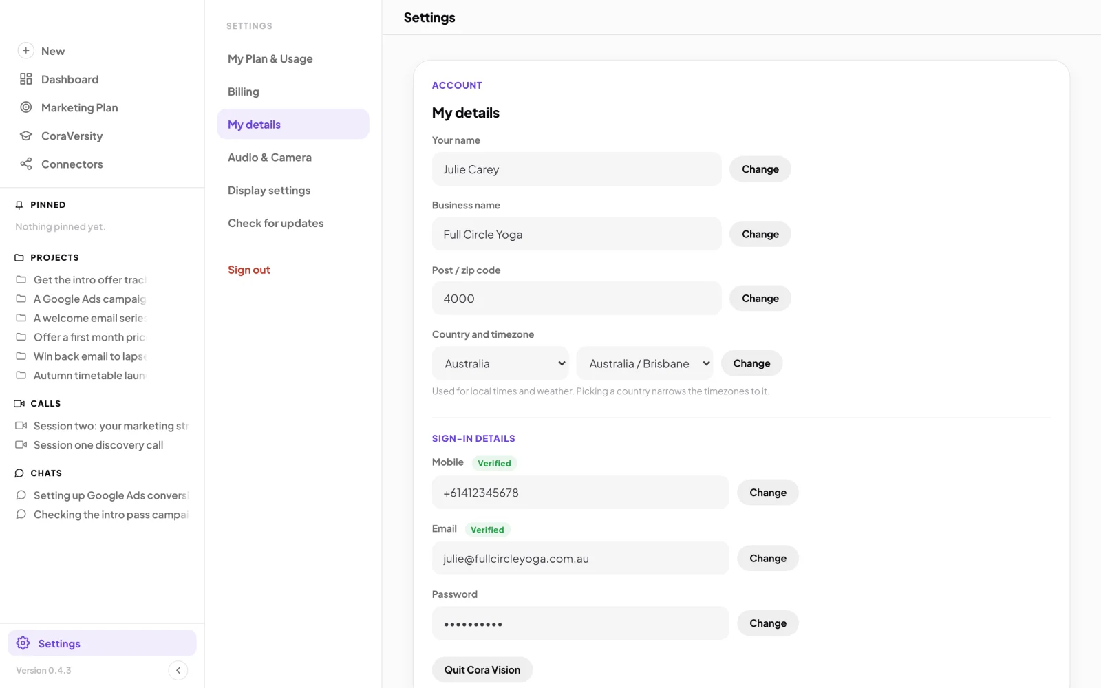 The dashboard on Settings with the Settings menu beside the sidebar and My details open, every field grey with its Change button; an arrow points to the outlined My details item.