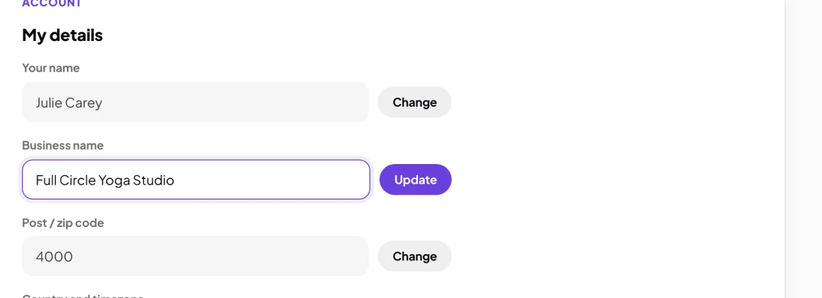 My details with the Business name field unlocked and edited to Full Circle Yoga Studio, its button now reading Update; the field and its button are outlined.