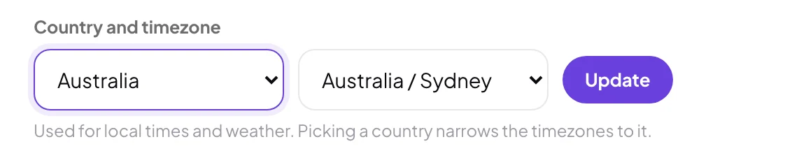 My details with Country and timezone unlocked, Australia chosen and Australia / Sydney in the timezone list, and the Update button; the two lists and Update are outlined.