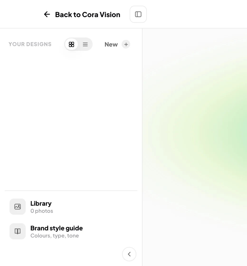 The Design Studio's left panel open for Full Circle Yoga, Your designs at the top and the Library and Brand style guide rows at the foot; the two rows at the foot are outlined.