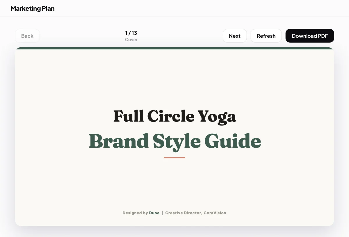Marketing Plan, Brand Style Guide for Full Circle Yoga on the cover, the bar with Back, the page count, Next, Refresh and Download PDF; an arrow points to the outlined Download PDF button.