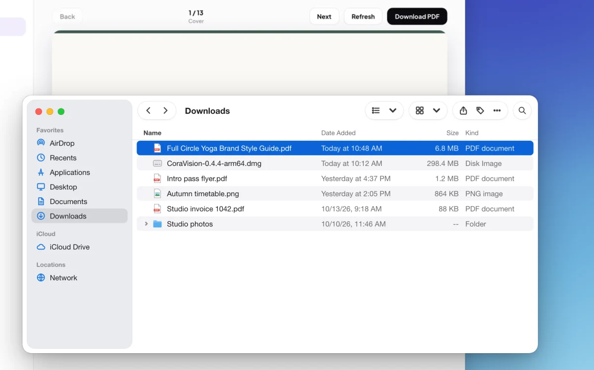 A drawn picture of a Finder window on a Mac showing Downloads with Full Circle Yoga Brand Style Guide.pdf selected, in front of the CoraVision Brand Style Guide page; the selected PDF is outlined.