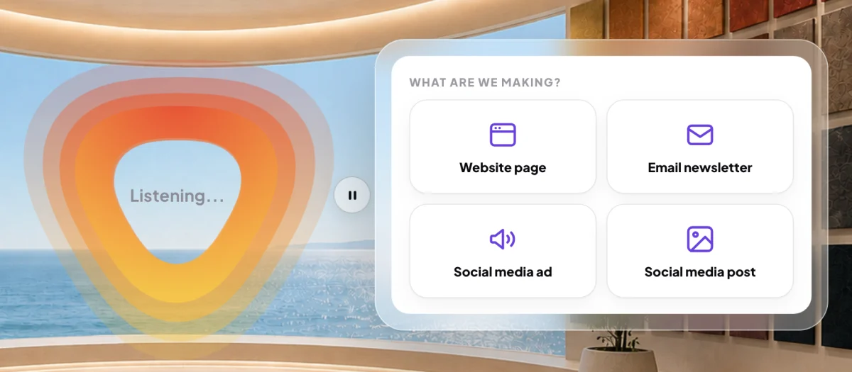 A new brief in the Design Studio: Dune's orb in the centre and, in the panel on the right, What are we making? with Website page, Email newsletter, Social media ad and Social media post; the Website page tile is outlined.