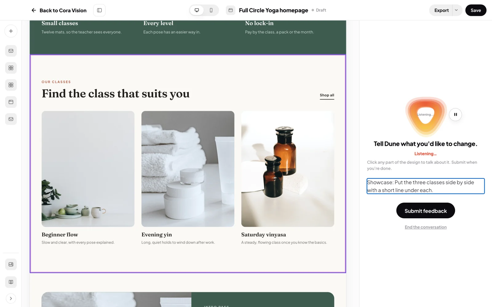 The Full Circle Yoga homepage open in the Design Studio at desktop width, the classes section selected, and on the right Dune listening with the words heard so far and Submit feedback; the classes section and Submit feedback are outlined.