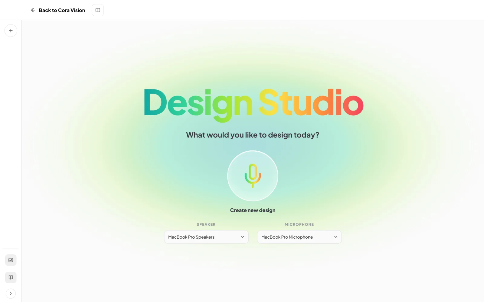 The Design Studio home for Full Circle Yoga, What would you like to design today?, the large frosted microphone with Create new design under it; an arrow points to the outlined microphone.