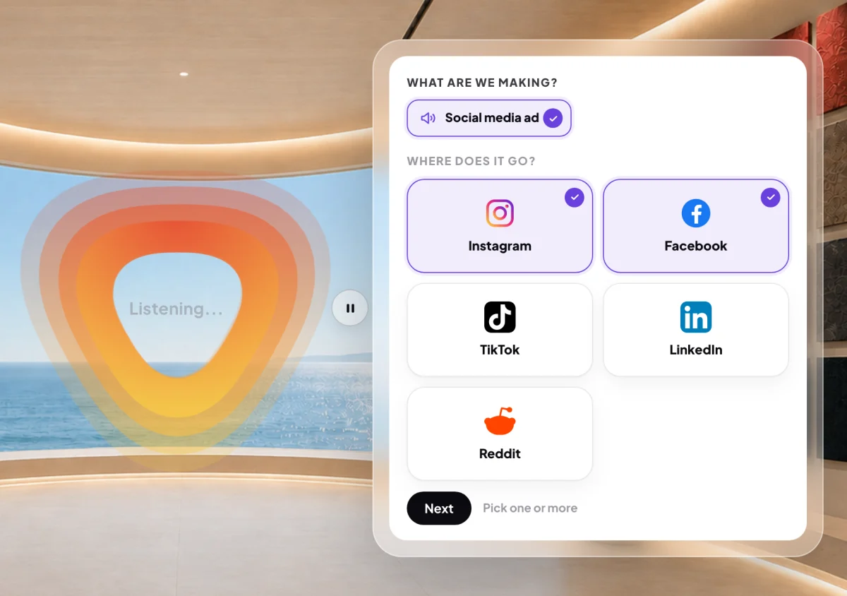 A brief for a social media ad: Dune's orb in the centre, and on the right Where does it go? with Instagram and Facebook ticked among TikTok, LinkedIn and Reddit, and the Next button lit; the two tiles and Next are outlined.