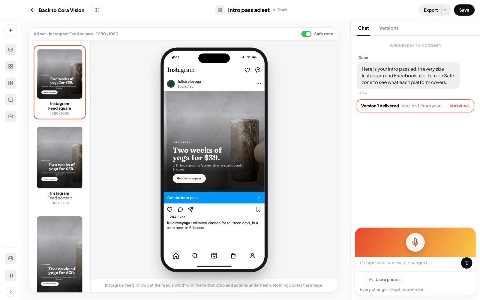 The Intro pass ad set open in the Design Studio: the column of sizes on the left, Instagram Feed square shown in the phone, and Safe zone switched on; the sizes column and the Safe zone switch are outlined.