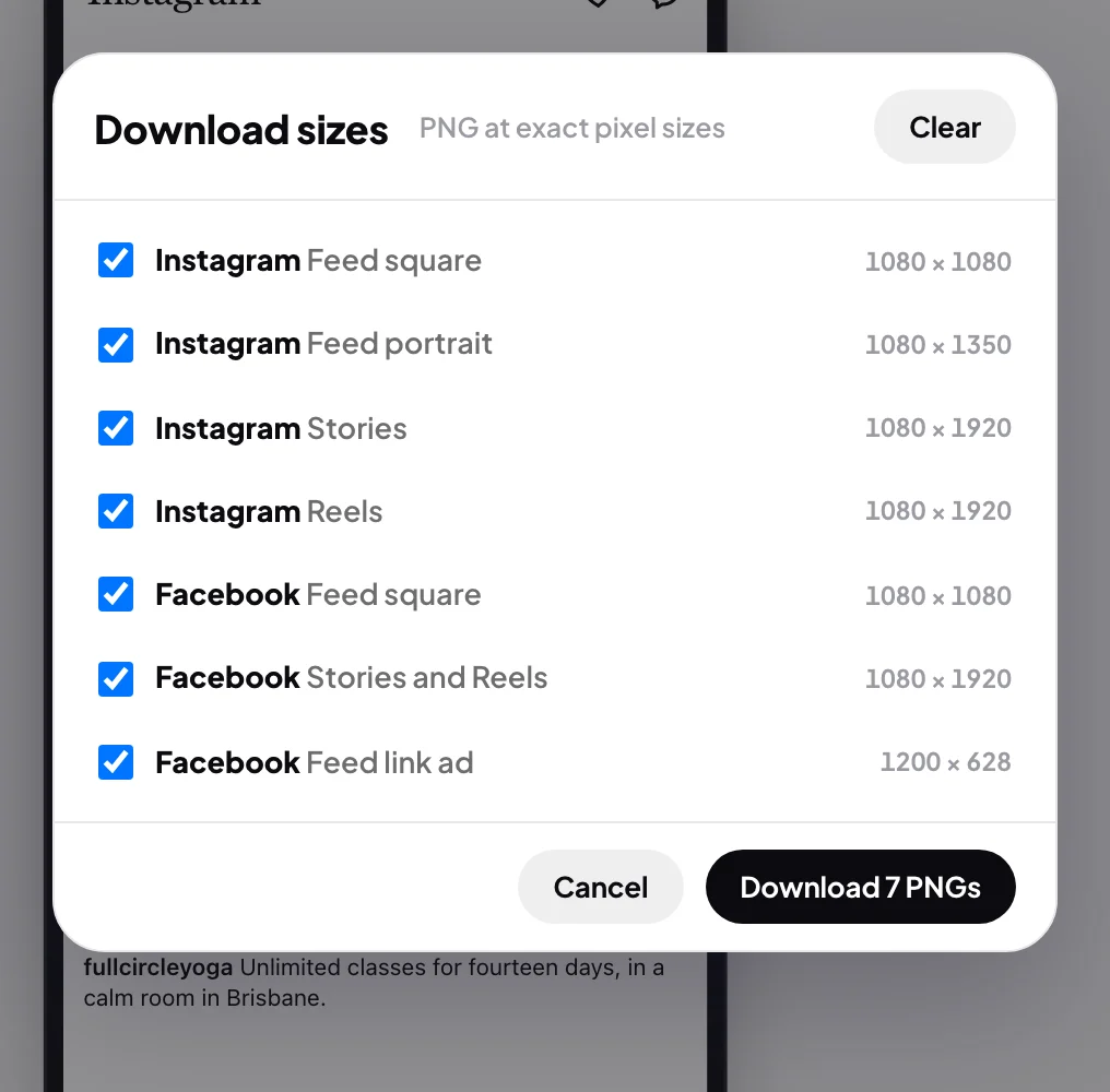 The Download sizes box over the Intro pass ad set, every Instagram and Facebook size ticked with its pixel size, and the Download button showing how many PNGs it will save; the Download button is outlined.