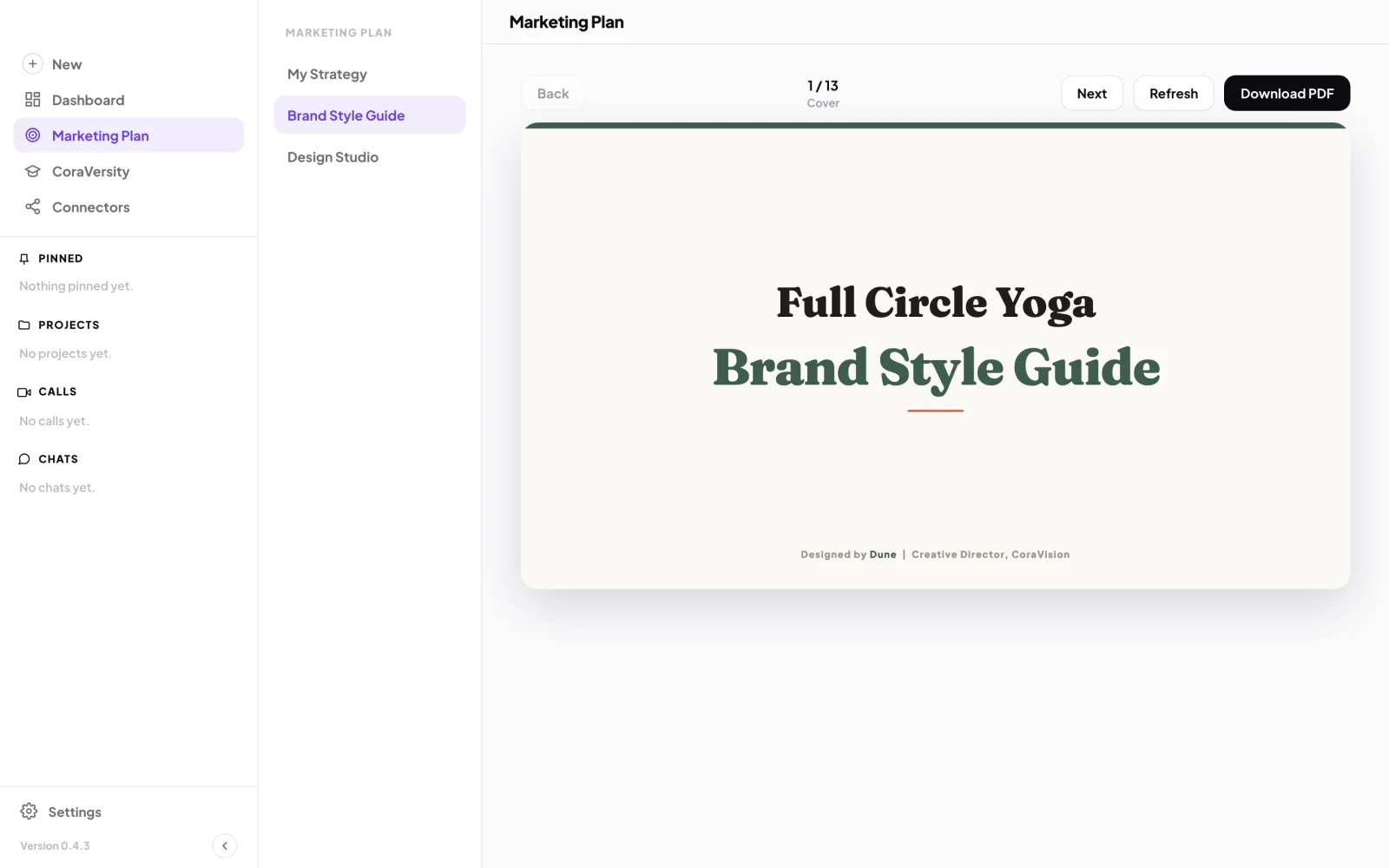 Marketing Plan, Brand Style Guide, the cover of Full Circle Yoga's guide with the bar above it: Back, the page count, Next, Refresh and Download PDF; Brand Style Guide in the menu and the Back to Next bar are outlined.