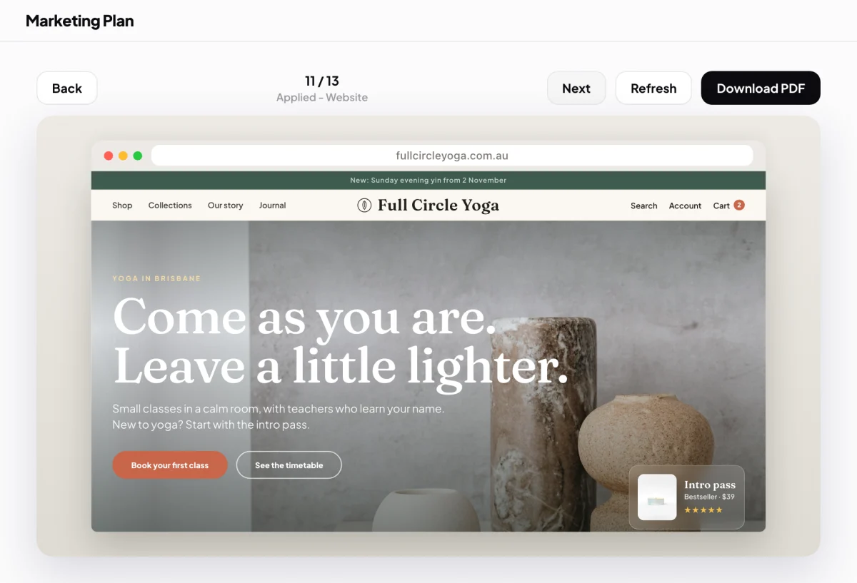Marketing Plan, Brand Style Guide for Full Circle Yoga on page 11 of 13, Applied - Website: the brand drawn on a homepage in a browser frame, Come as you are. Leave a little lighter. over the studio photograph; the page name under the page count is outlined.