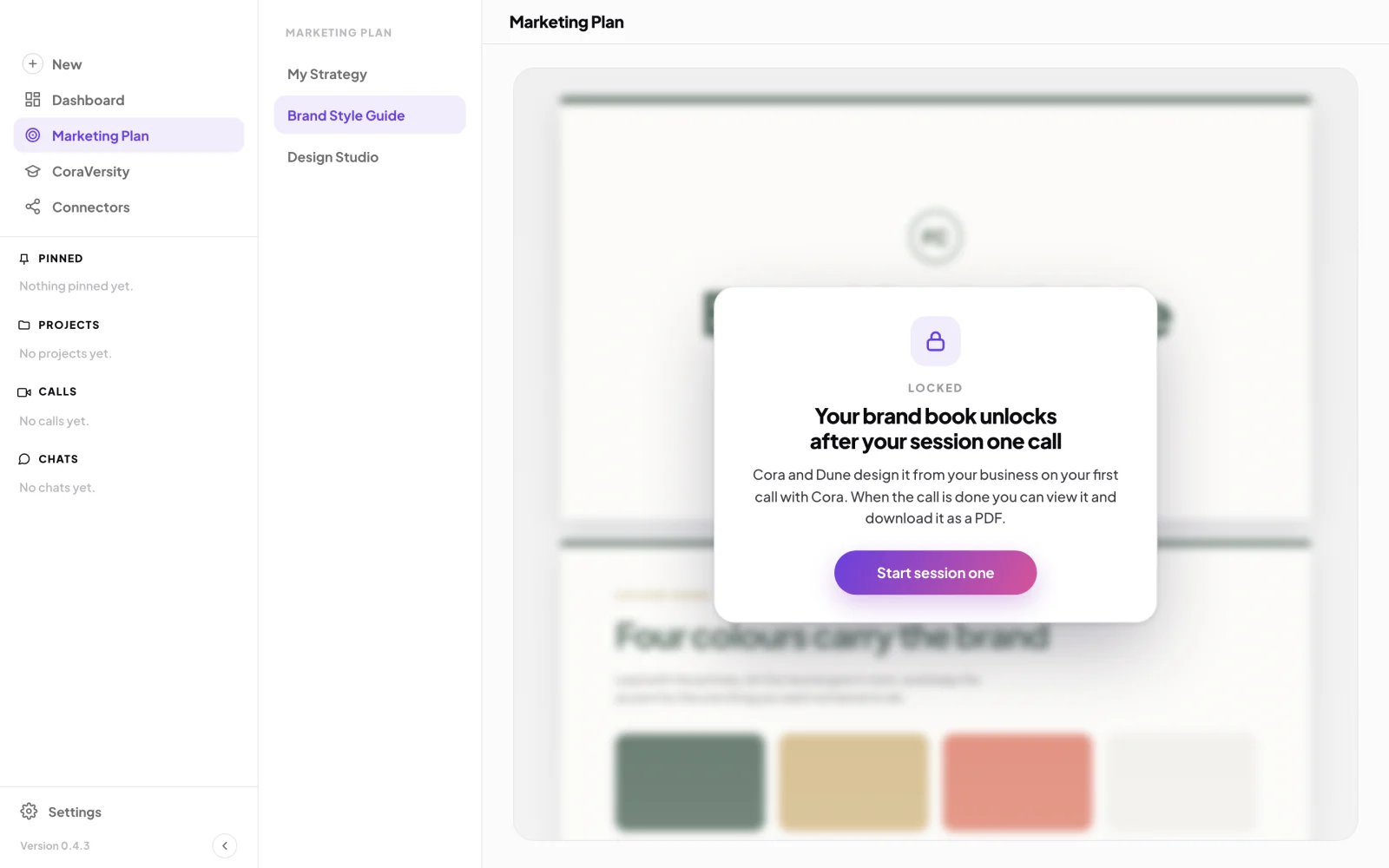 Marketing Plan, Brand Style Guide for a new account before session one, the blurred cover with the lock pop-up and its Start session one button; the pop-up is outlined.