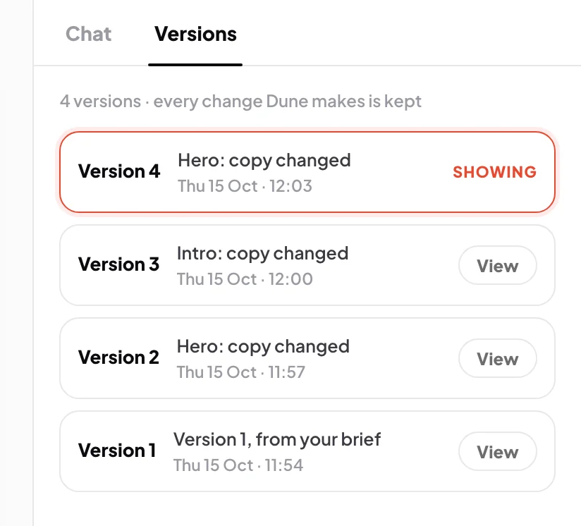 The Versions tab of the Autumn timetable newsletter: four versions listed newest first, version 4 marked Showing and a View button beside versions 3, 2 and 1; the Versions tab and one View button are outlined.