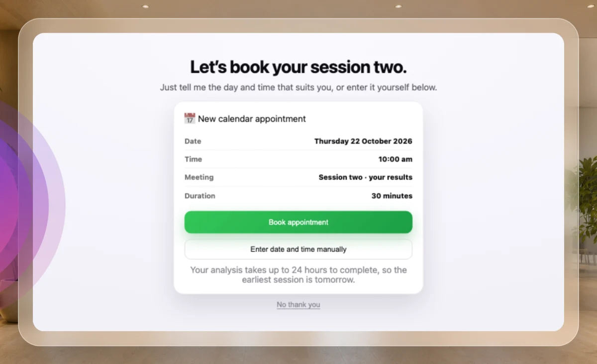 A drawn picture of the call window on Let's book your session two, the New calendar appointment card filled in for Thursday 22 October 2026 at 10:00 am, Meeting Session two, your results, Duration 30 minutes, with Book appointment, Enter date and time manually and No thank you; the card and the manual button are outlined.