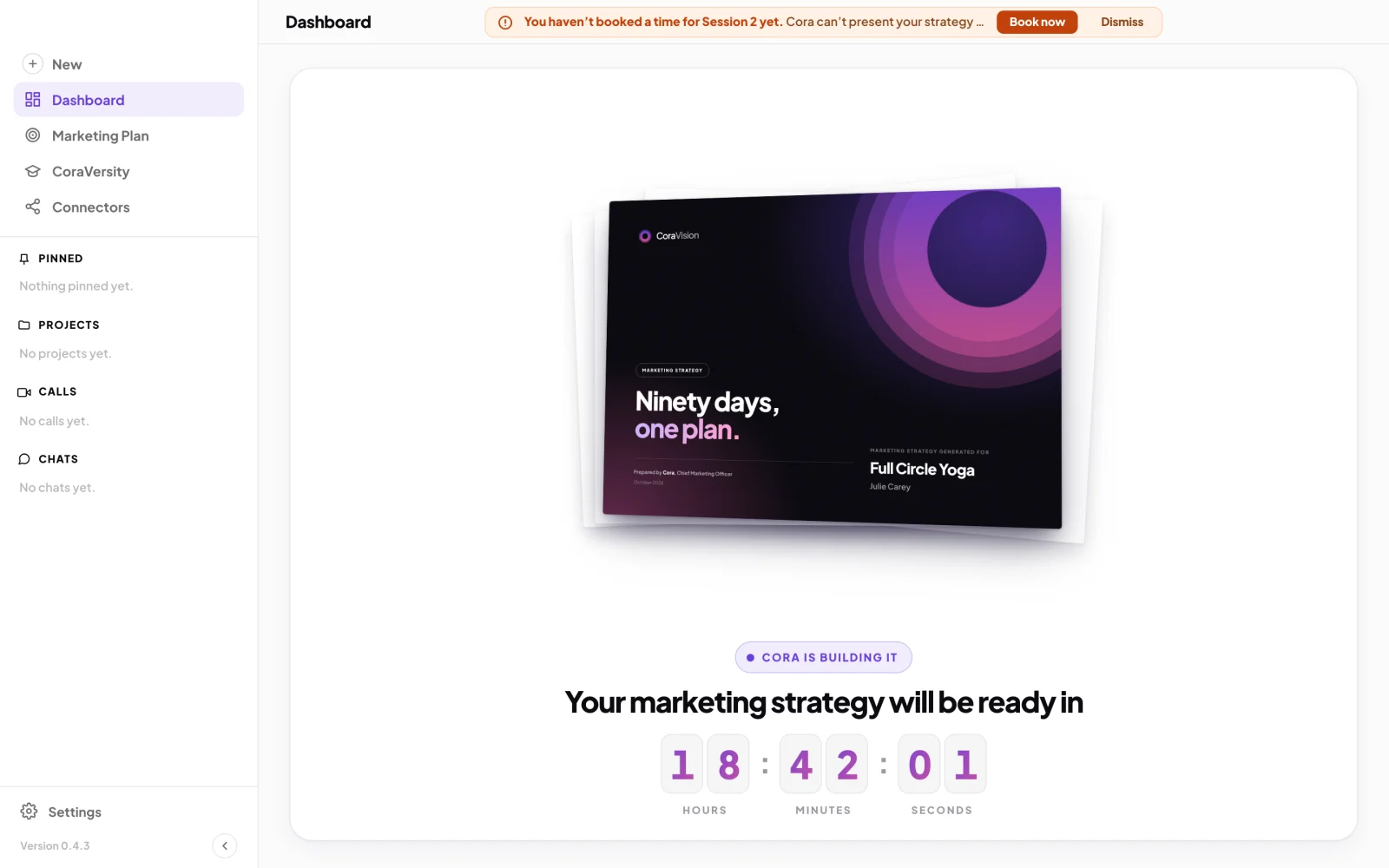 The dashboard's countdown screen, Your marketing strategy will be ready in, with the not booked bar and its Book now button at the top; an arrow points to the outlined Book now button.