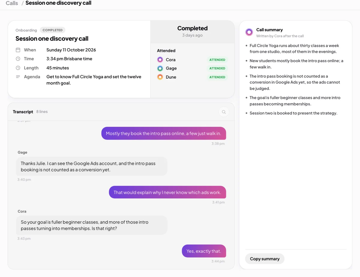 A completed call's page, Completed in the top card, the transcript panel with lines from Cora, Gage and the client, and the Call summary card; the transcript and the summary are outlined.