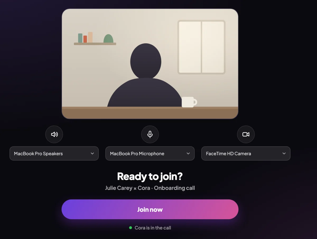 A drawn picture of the lobby, Ready to join?, with the camera on and a person at a desk in the preview, drawn as a plain silhouette, and the speaker, microphone and camera controls under it with FaceTime HD Camera chosen; an arrow points to the outlined camera control and its dropdown.
