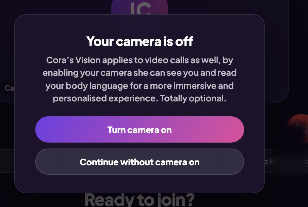 The Your camera is off box over the lobby, its line about video calls, and the Turn camera on and Continue without camera on buttons stacked; the two buttons are outlined.