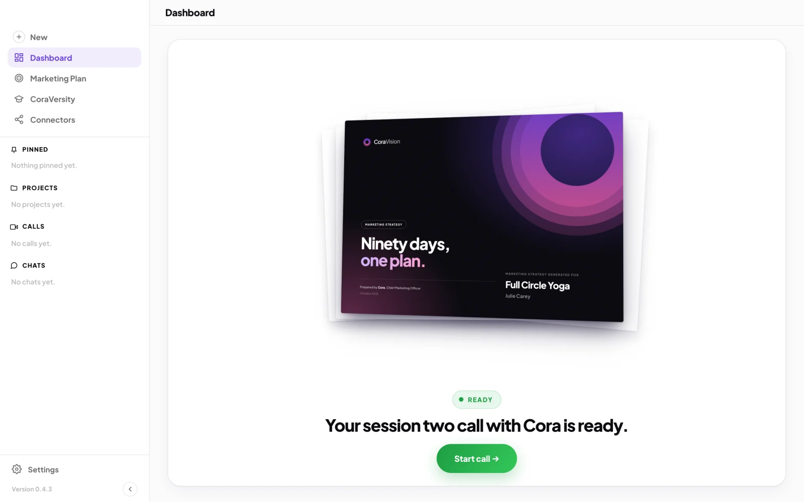 The dashboard reading Your session two call with Cora is ready, under the cover of the Full Circle Yoga marketing strategy; an arrow points to the outlined green Start call button.