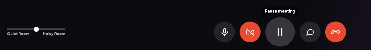 The control bar at the bottom of the call window, with the Room noise slider on the left, then Mute, Start video, the large Pause meeting button with its label showing, Transcript and End call in red; the row of buttons is outlined.