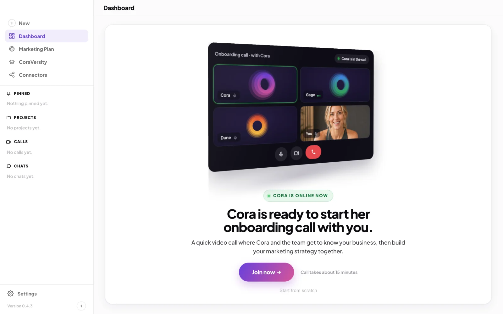 A new account's dashboard reading Cora is ready to start her onboarding call with you, with a picture of the call window above; an arrow points to the outlined Join now button.