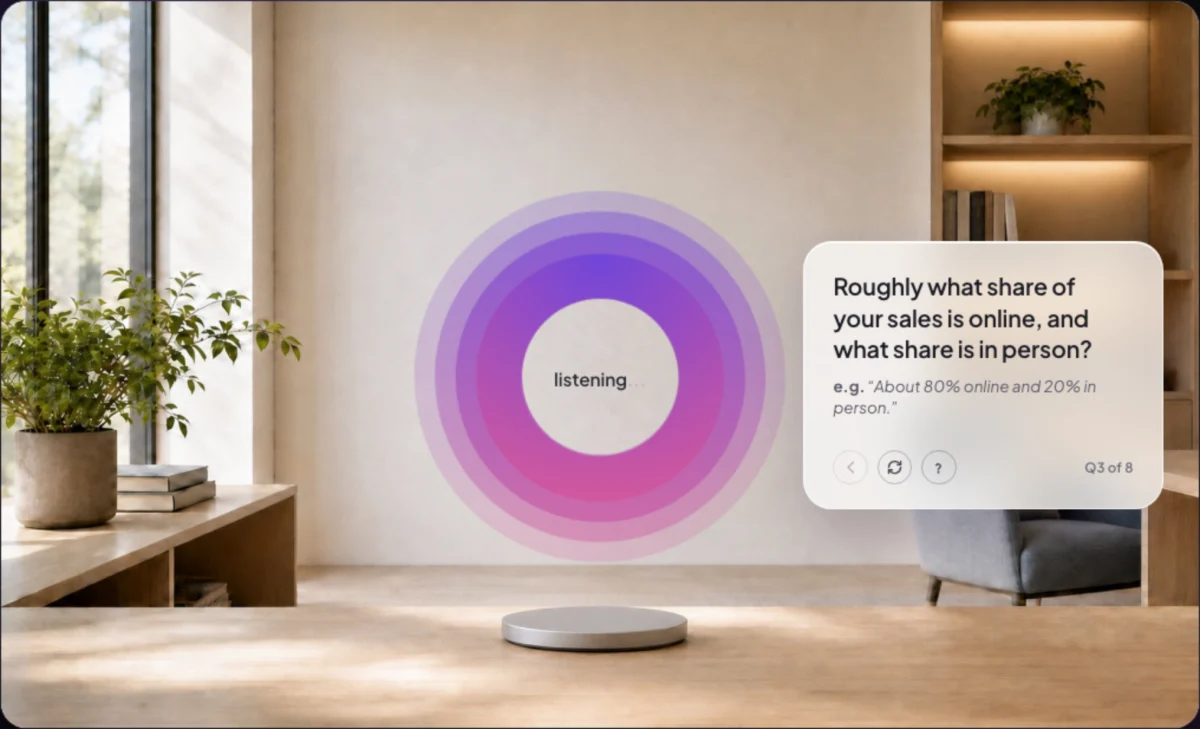 The call window during Let's Learn About Your Business, Cora listening in her office and the question box beside her at Q3 of 8 with its example line; the Q3 of 8 label, the question and the three round buttons are outlined.