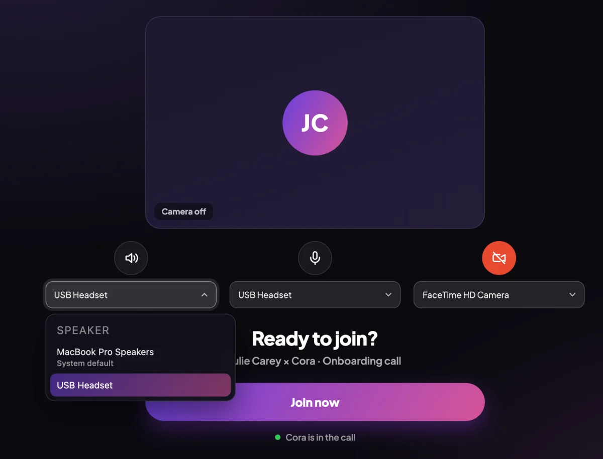 The lobby with the camera off and the speaker dropdown open, listing MacBook Pro Speakers as the system default and USB Headset; the speaker dropdown and the microphone dropdown are outlined.