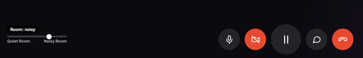 The bottom of the call window, with the room noise slider moved towards Noisy Room and its note reading Room: noisy, beside the call buttons; the slider with its Quiet Room and Noisy Room ends is outlined.