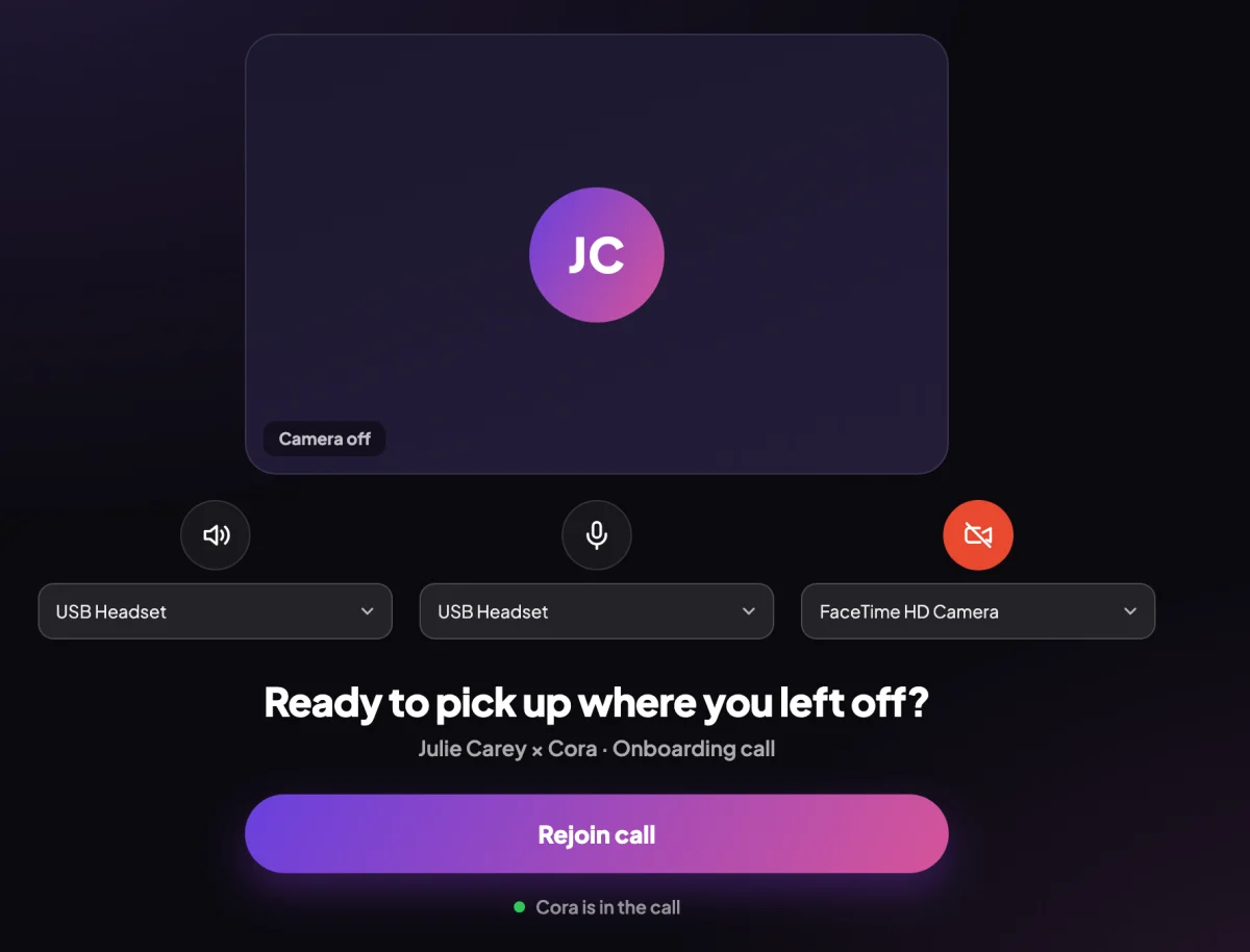 The lobby on a resumed call, titled Ready to pick up where you left off?, with the Rejoin call button; the title and the button are outlined.