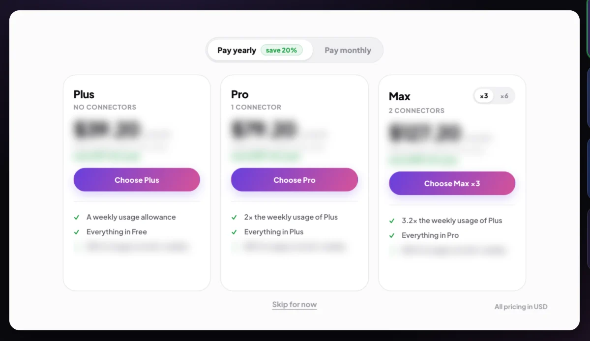 A drawn picture of the session two call window on What it costs: the Pay yearly and Pay monthly switch, the Plus, Pro and Max cards with their prices blurred and their Choose buttons, and Skip for now underneath; the Choose Pro button and Skip for now are outlined.