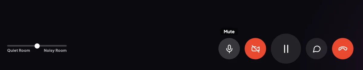 The control bar at the bottom of the call window with the camera off: Mute, Start video, Transcript, Pause meeting and End call, the pointer on Mute with its label showing; the Mute button is outlined.
