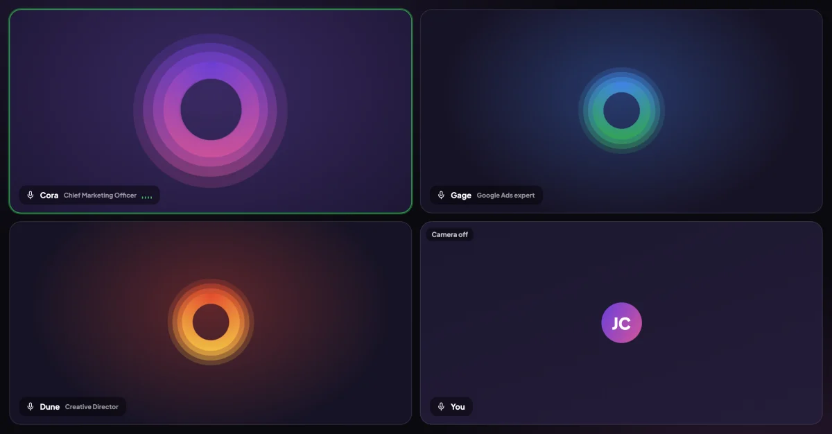 A drawn picture of the onboarding call's introduction, the full call window in two rows: Cora's purple and pink orb beside Gage's blue and green orb, then Dune's red, orange and yellow orb beside Julie's initials; the three orbs are outlined.