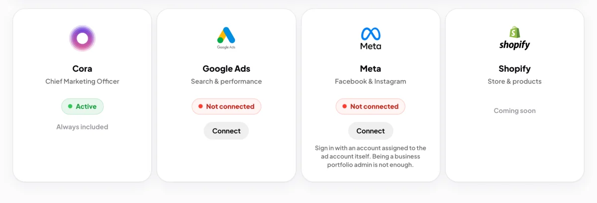 The Meta card on the Connectors page, Not connected, its Connect button and the grey line under it about signing in with an account assigned to the ad account; the grey line is outlined.