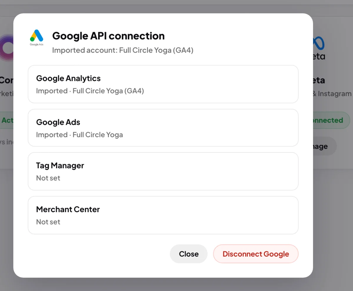 The Google API connection window over Connectors for Full Circle Yoga, the Google Ads row reading Imported and the account name; the Google Ads row is outlined.