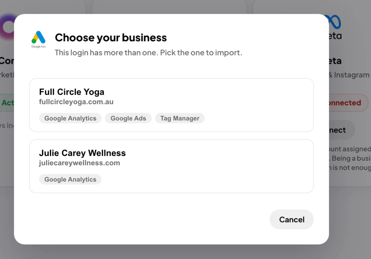 The Choose your business window over Connectors, two businesses listed, Full Circle Yoga first with its website and product labels; the Full Circle Yoga row is outlined.