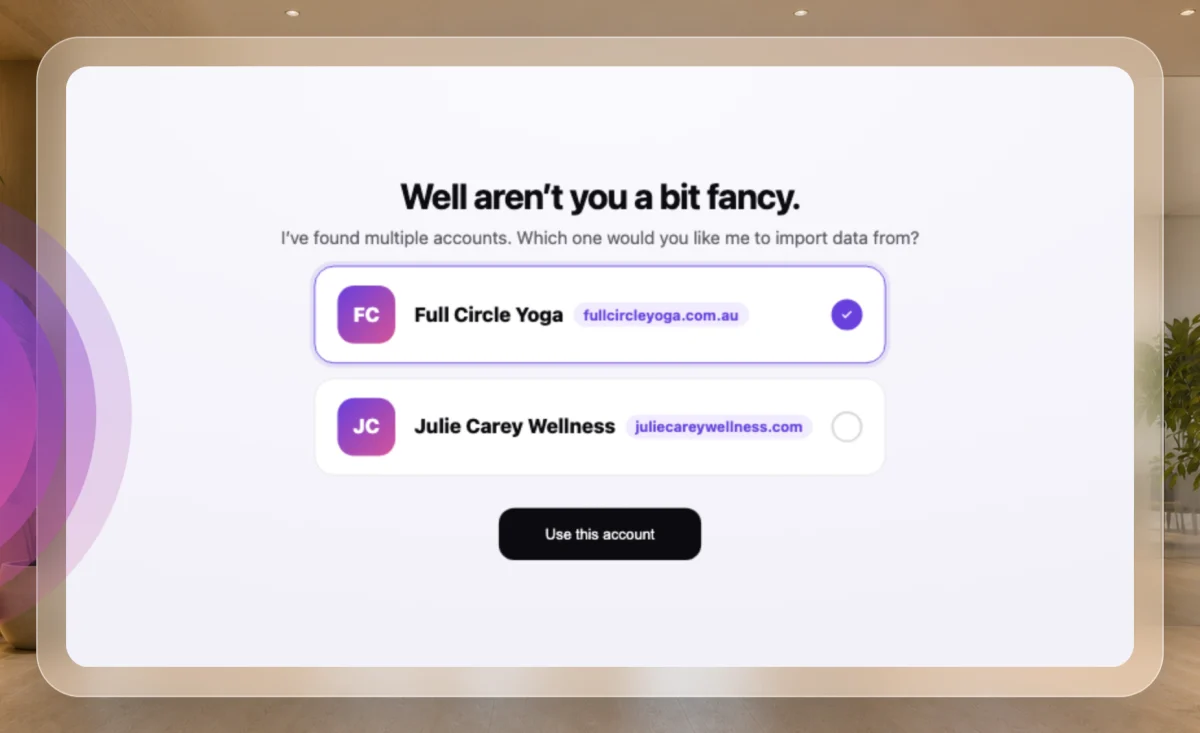 A drawn picture of the call window's account picker, Well aren't you a bit fancy, with Full Circle Yoga selected above Julie Carey Wellness and the Use this account button; the Full Circle Yoga row and the button are outlined.