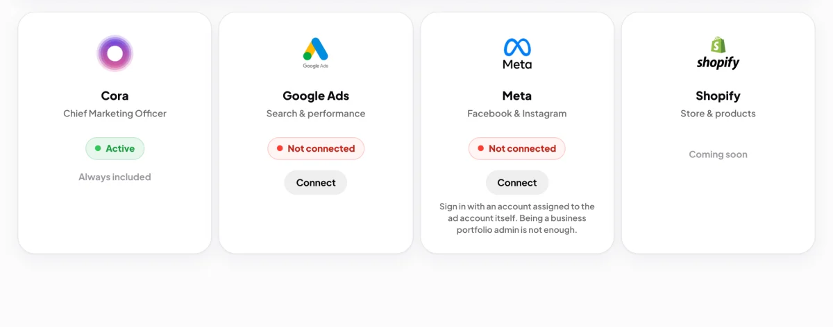 The Connectors cards with Meta showing Not connected; Meta's Connect button and the grey line under it, about who must sign in, are outlined.